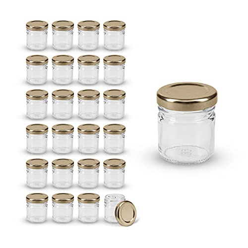 Rekean - Mini Pot en Verre de Conservation - Lot de 30 Bocaux Hermétiques - Fabrication Française - Pot avec Couvercle à Visser pour la Conservation au Sec des Aliments - Capacité 42ml (Or) Cover