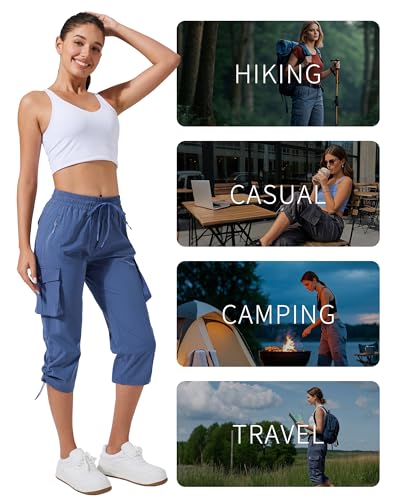 Pioneer Camp Damskie spodnie Capri 3/4 na lato, lekkie spodnie trekkingowe, swobodne Comfy, elastyczny ściągacz, spodnie outdoorowe z 6 kieszeniami, szary/niebieski, S