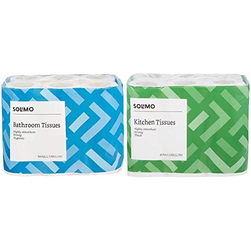 Image of Amazon Brand - Solimo 3 Ply Bathroom Tissue Toilet Paper (12 Rolls, 160 Sheets Per Roll) & 2 Ply Kitchen Tissue Paper (60 Pulls, Pack of 6) Combo