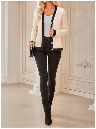 Image of WDIRARA Women's Casual Flap Detail Button Front Cardigan V Neck Long Sleeve Contrast Trim Coat