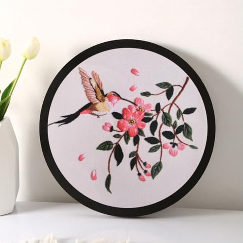Image of Esffaci Embroidery Starter Kit for Adult Beginner with Hummingbird Flower Pattern Hand Embroidery Set with Cloth Hoop Needle Threader Floss and Instruction