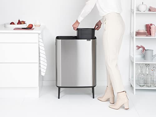 Image of Brabantia Bo Hi Touch Top Kitchen Trash Can with Dual Compartments & Raised Legs | Matt Steel Fingerprint Proof | 2 x 8 Gal Inner Buckets | Soft-Close, Light Touch Opening, Stay-Open Lid | +Trash Bags