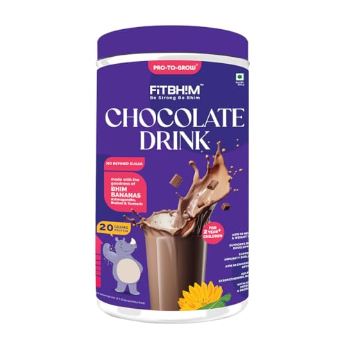 Image of ProToGrow Fitbhim Chocolate Nutrition Drink Powder for kids 2+ Years - 200g | Belgian Chocolate Flavor | Bhim Banana, Brahmi, Ashwagandha & DHA | Supports Height, Weight & Immunity