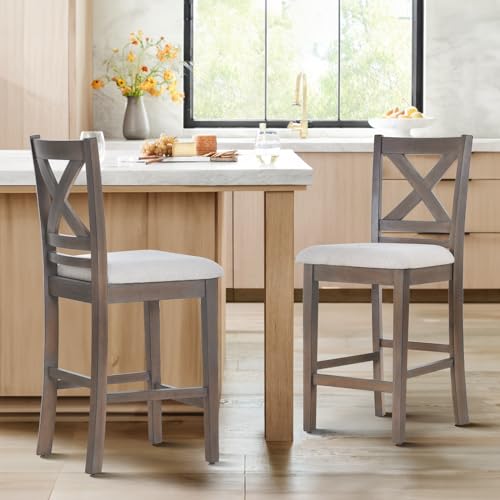 Image of COLAMY Wooden Bar Stools Set of 2, Counter Height Bar Stools, Mid Century Modern Bar Stools with Backs, 25 Inch Upholstered Fabric Wooden Barstools for Kitchen Island Dining Room Bar, Light Brown Wash