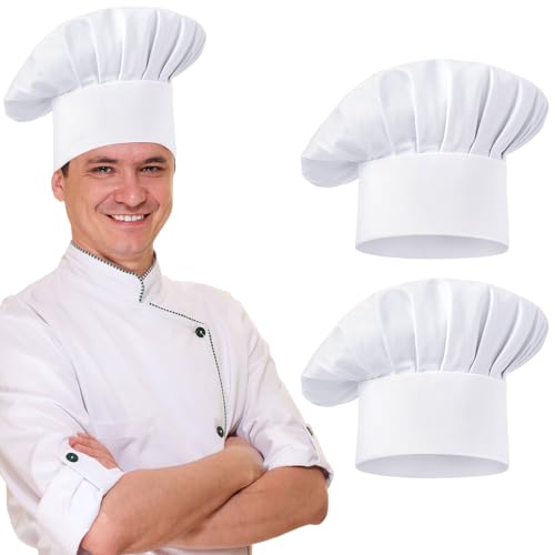 Okxiri 2 Pcs Chef Hats for Men Chef Hat Adjustable Elastic Chef Hats for Women Adults Baker Kitchen Chef Caps for Halloween Christmas Cooking - 22-24.5 (White)