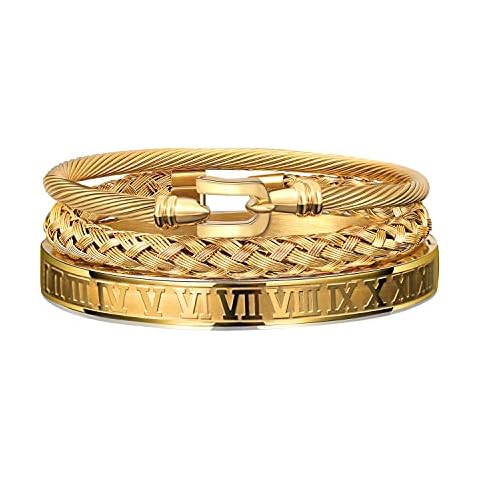 WFYOU 3PCS Stainless Steel Bracelets for Men Gold Roman Numeral Bangle Bracelet Twisted Cable Bracelet Adjustable Cuff Bracelet Mens Luxury Jewelry Bracelets Gifts, Metal, stainless-steel Cover