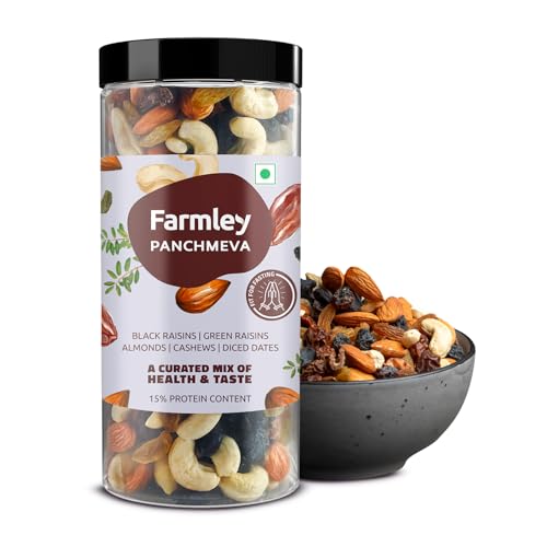 Farmley Panchmeva Dry Fruits Mix, 405g I Fit for Fasting | Healthy Snacks Mixed Nuts Contains Almonds, Cashews, Dates, Black Raisin, Green Raisin Farmley Panchmeva Dry Fruits Mix, 405g I Fit for Fasting | Healthy Snacks Mixed Nuts Contains Almonds, Cashews, Dates, Black Raisin, Green Raisin