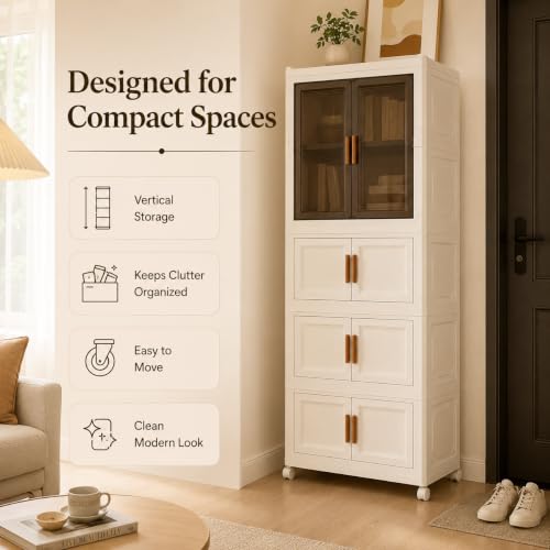 Image of KRISHYAM 4-Tier Plastic Storage Cabinet with 1 Transparent Door & Wheels, Smoky Translucent Doors, Multipurpose Clothes Organizer for Bedroom & Home, 159 x 69 x 34 cm