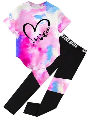 Image of Girls 2 Piece Outfits Kids Clothes Pants Sets Print Short Sleeve Top Leggings Spring Summer Tracksuit 4-13Y