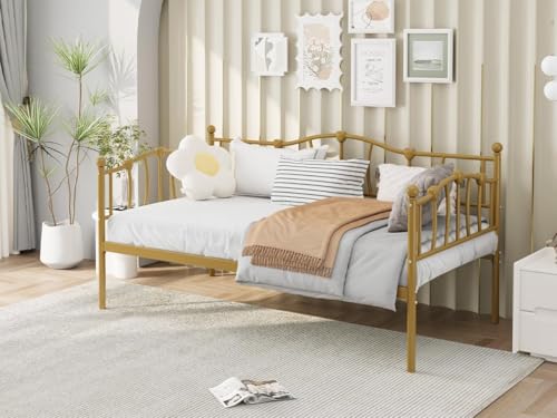 Image of Twin Daybed with Trundle, Metal Sofa Bed Frame with Steel Slat Support, Twin Size Space-Saving Multifunctional Furniture for Living Room, Bedroom, Love Heart Design, No Box Spring Needed, Gold