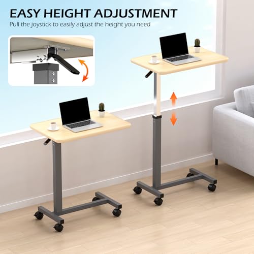 WOTURE Adjustable Overbed Table with Wheels, Bedside Rolling Table, Pneumatic Height Adjustment, Hospital Bed Table on Wheels, Standing Desk, Bedridden & Mobility Needs, Maple - Thumbnail 3