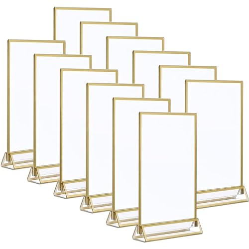 MARMODAY 12 Packs Acrylic Sign Holders with Gold Edges, Double Sided Table Number Frame for Weddings, Gold Holder, Clear Gold Restaurant Signs, Photo Holder, Menu Holder 4 x 6 Inch