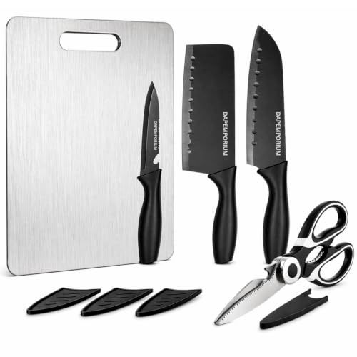 Image of Kitchen Knife Set with Steel Board & Scissors | 3 Cooking Knives Black Coted Stainless Steel Blade With Covers | Food Grade Steel Chopping Board for Veggis,Meat | Multipurpose Kitchen Scissors