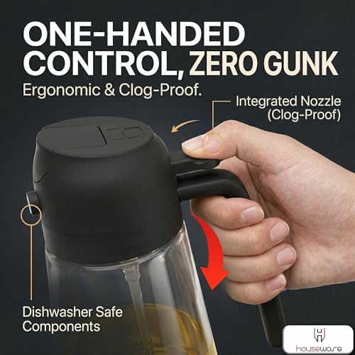 Image of H Houseware 2-in-1 Oil Dispenser Bottle and Sprayer | 520ml Kitchen Oil Spray Pump With Pour Spout Glass Bottle | Refillable Leakproof Cooking Sprayer for Healthy Cooking and Salad Making