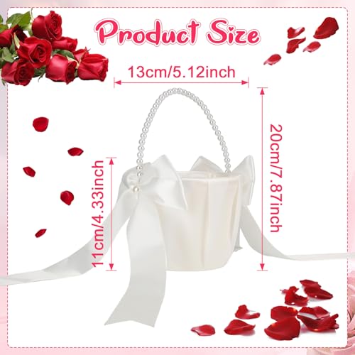 image for Lebsitey 4PCS Flower Girl Basket for Wedding, Pearl Handle White Satin