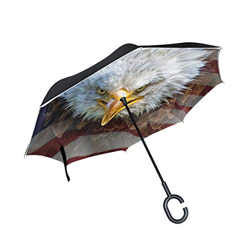 hengpai American Flag Eagle Reverse Inverted Inside Out Umbrella Cars Unigue Windproof UV Proof Double Layer for Women