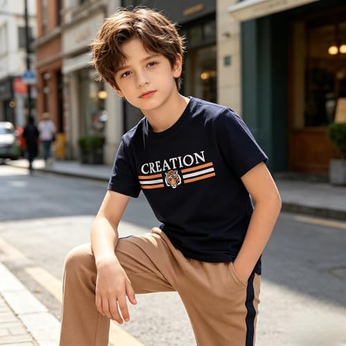 Image of Yoxindax Tween Boy Clothes 2-Piece Letter Print Tee And Color-Block Pants Summer Outfits