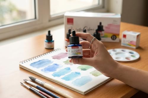 Image of Isomars Water Colour Ink Set of 12 Vibrant Professional Liquid Watercolors (35ml Bottles) with Droppers - Transparent Inks for Calligraphy, Illustration, Airbrushing & Painting