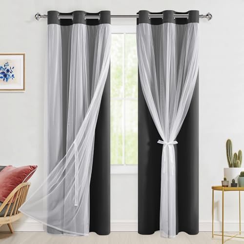 Hiasan Blackout Curtains with Sheer Overlay, Black, 42W X 84L, 2pcs