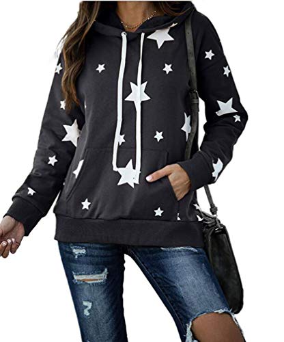 Bluza z kapturem damska jesień młoda moda gwiazdy nadruk sweter z długim rękawem na co dzień luźny sweter bluza, Czarny, XXL
