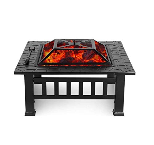 YUHT Fire Pit - Parrilla para Barbacoa, Mesa de Chimenea Cuadrada de Metal de 32 Pulgadas, Estufa de leña, Mesa de Barbacoa, Pozo de Hielo, Calentador, Cubierta Impermeable, Adecuado para Patio t