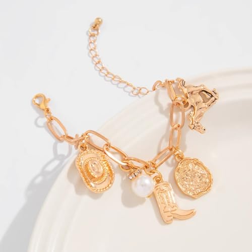 Cowboy Boot Hat Charm Bracelet for Women Men Retro Western Cowgirl Irregular Pearl Coin Horse Dainty Boho Paperclip Chain Link Bracelets Vintage Country Rodeo Outfit Holiday Party Fashion Jewelry Gift2