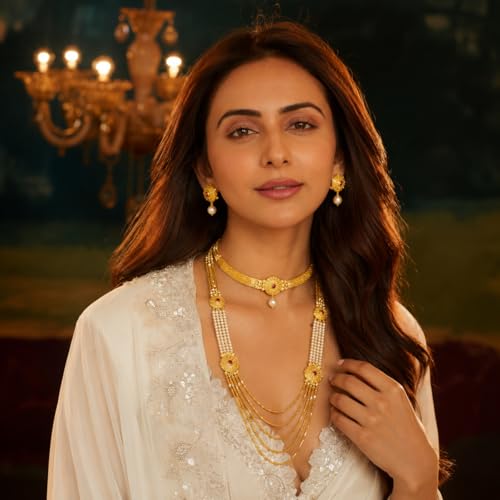 Image of ACCESSHER Women's Traditional Gold-Toned Temple Style Necklace Set with Pearl & Multi Colored Stone Earrings| Jewelry Set for Weddings, Festivals, and Special Occasions