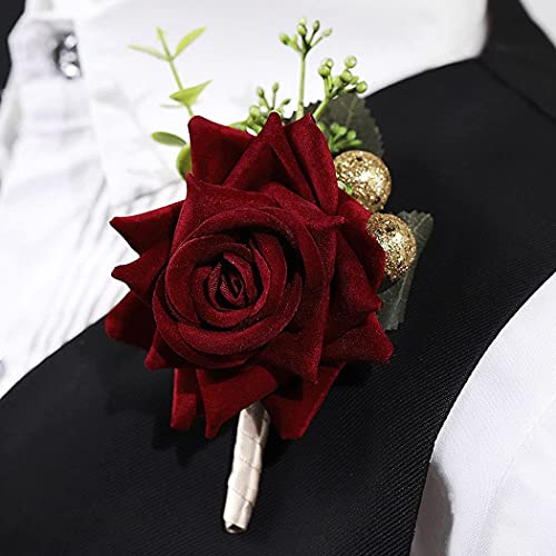 Campsis Wedding Rose Men\'s Boutonniere Wine Red Flowers Buttonholes Floral Suit Decoration for Groom Groomsman Best Man Prom Engagement （Pack of 2） - Thumbnail 6