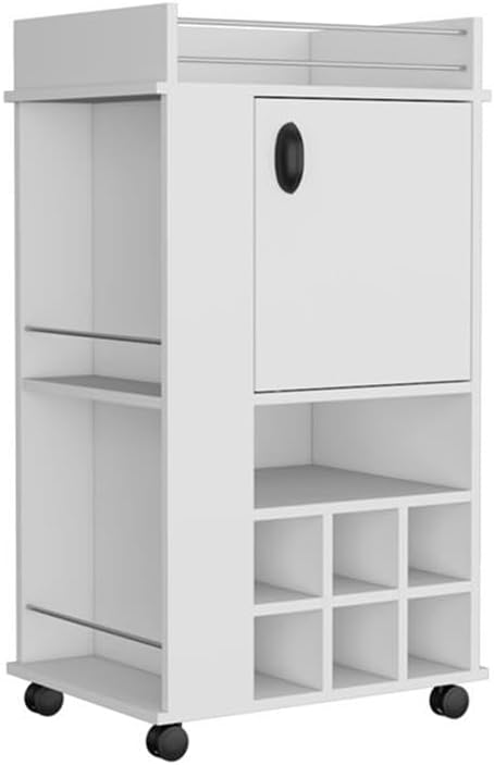 Pemberly Row Engineered Wood Bar Cart, 6-Bottle Wine Rack, Single-Door Cabinet, Open Shelves, White Finish, 38.77" H x 21.65" W x 16.33" D, Mobile Design for Home Bar Storage and Entertaining
