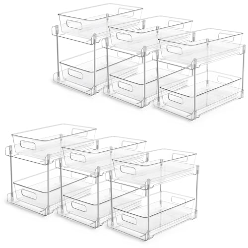 Image of Vtopmart 6 Pack Bathroom Organizer, 2 Tier Clear Under Sink Organizers Vanity Countertop Storage Container,Cabinet Drawers Bins, Pull-Out Organization with Track for Pantry, Kitchen