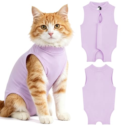 OFFCUP 2 Piezas Body de Recuperación para Gatos, Gatos Postoperatorio Hembra para Evitar Que se Laman Las Heridas, Suave y Cómodo, Gata Camiseta de Recuperación, Púrpura, Talla M