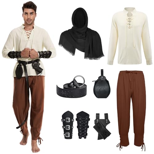 AJGEGJE Ropa medieval para hombre, 7 piezas, disfraz renacentista, disfraz medieval vikingo con camisa pirata, pantalones largos, cinturón para la muñeca (marrón, 3XL) AJGEGJE Ropa medieval para hombre, 7 piezas, disfraz renacentista, disfraz medieval vikingo con camisa pirata, pantalones largos, cinturón para la muñeca (marrón, 3XL)