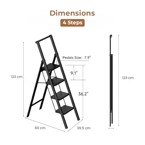 Image of HomeEssentials Heavy Duty Metal Folding Ladder with Built-in Tool Holder, Steel Step Ladder with Anti-Slip Pedals, Portable Foldable Ladder for Home, Kitchen, Office & Garage Use (4 Step)