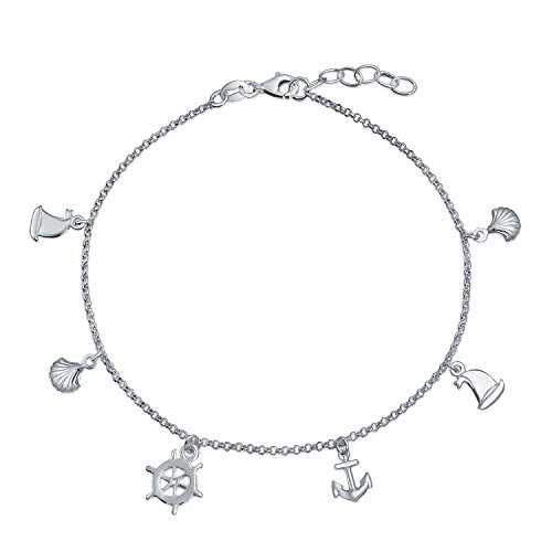 Bracelet cheville argent 925 breloques marines ancre et voilier ajustable