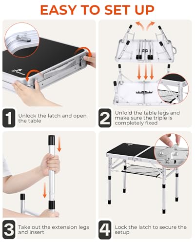 Miniatura 7 de Sportneer Mesa De Camping De Altura Ajustable Con Capa De Malla, Mesas De Campamento Plegables Portátiles De 60x40cm Para Campamento Al Aire Libre, Picnic, Playa, 2 Alturas, Negro
