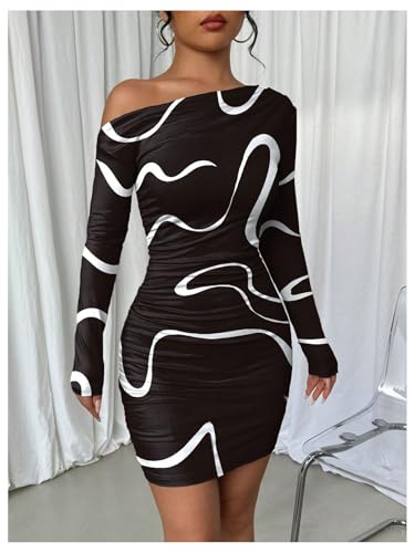 SOLY HUX Women's Off The Shoulder Bodycon Mini Dress Printed Asymmetrical Neck Long Sleeve Ruched Dresses3