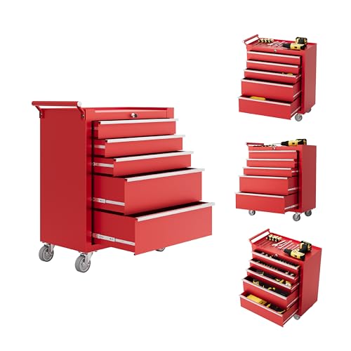 IDEALHOUSE Rolling Tool Chest, 5 Drawers Tool Storage Cabinet, Toolbox with Wheels, Portable Tool Cabinet Organizer with Locking System & Drawer Liners, Tool Storage Cart for Garage, Workshop, Red