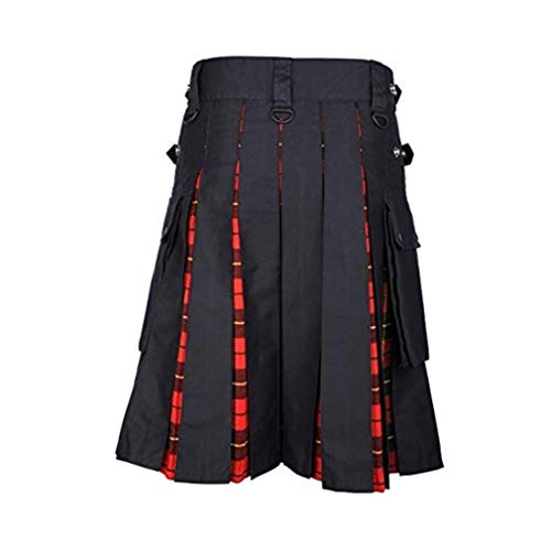 JiXuan Novos homens Scottish Kilt Patchwork Plaid saia casual calças homens punk hip-hop saia calças elegantes saia da Escócia, Vermelho