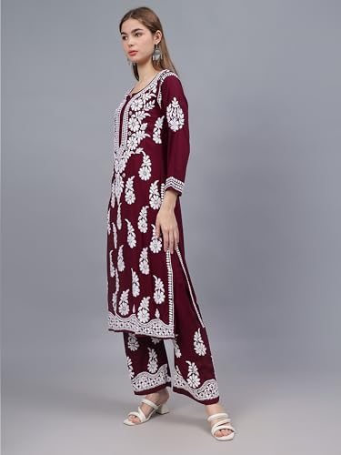 Image of Seva Chikan Hand Embroidered Lucknowi Chikankari Modal Kurta and Palazzo Set SCL8023