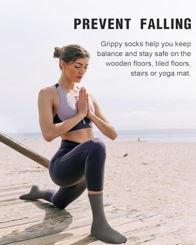 yeuG Pilates Grips Socks for Women, Non Slip Socks for Yoga, Barre, Dance, Hospital, Workout Anti Skid Crew Socks, A01-dark Grey/Beige/Army Green/White, S-M