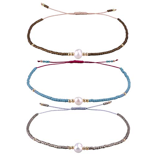 KELITCH 3PCS Shell Pearl Seed Bead Bracelets for Women Thin Rope Handmade Braided Adjustable Charm String Chains Stack Bracelets Sets Friendship Fashion Jewelry
