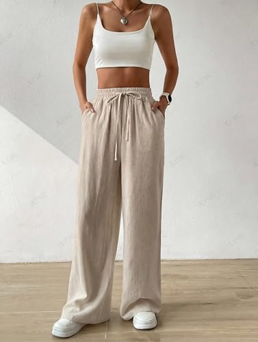 Image of ALYNE Women's Wide Leg Pants High Waisted Linen Look Textured Blend Drawstring Palazzo Trousers with Pockets Casual Relaxed Fit Flowy Soft Comfort Long Pants