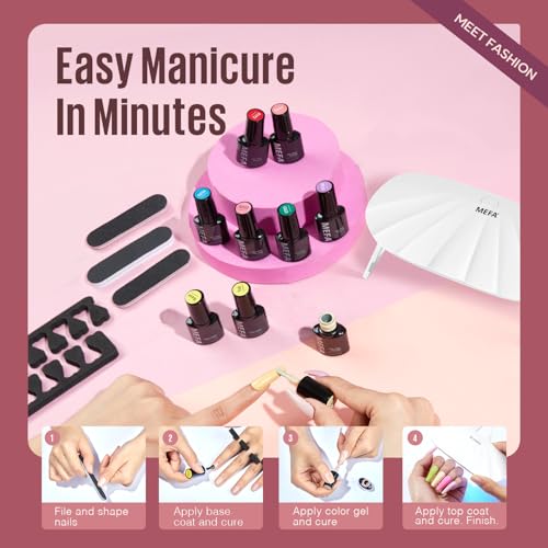 MEFA 19 Pcs Gel Nail Polish Kit with U V Light, 12 Colors Fall Gel Nail Polish Set Burgundy Red Champagne Gold Glitter Soak Off Purple Manicure Tools Beginners Salon Art Nails Art DIY for Women