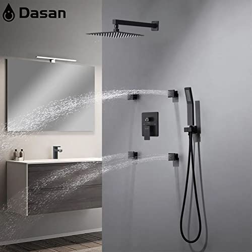 Full Body Rain Shower System With 4 Body Shower Jets & 12’’ Wall Mount Rainfall Shower Head & Handheld, Dasan Multi Shower Head System Matte Black Rain Shower Faucets Sets Combo With Rough-In Valve #TOP1