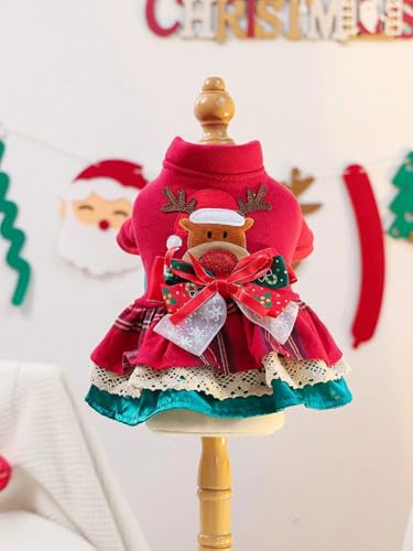 Christmas Pet Dress Red Reindeer Design with Lace Trim Small Dog Winter Holiday Outfit Festive Bow Decorated Princess Skirt