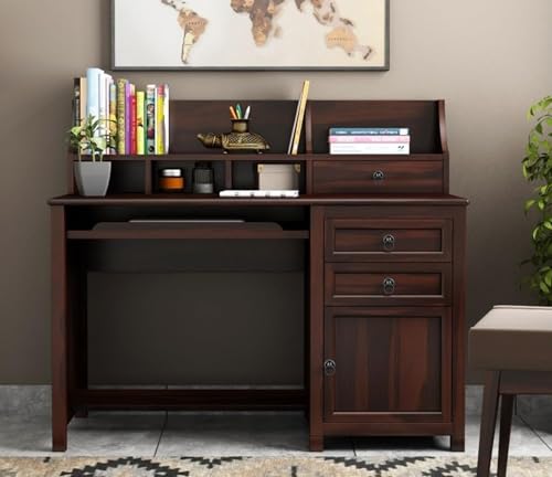 Image of Taj Solid Sheesham Wooden Study Table for Home and Office with Drawer and Cabinet Storage | Study Desk | Computer Table | Desktop Table (Walnut Finish) (61D x 119.4W x 106.7H) cm