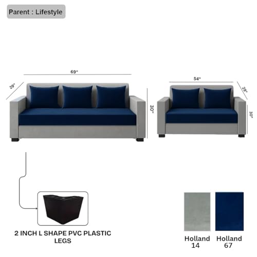 Image of FURNY Lexon 5 Seater Fabric 3+2 Sofa Set (Dark Blue-Light Grey) Premium Velvet Finish | Durable & Comfortable | Ideal for Living Room