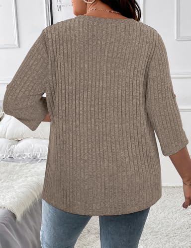 Image of Koscacy Women Plus Size V Neck 3 /4 Roll Sleeve Sweater Casual Knit Tops Solid Color Blouses