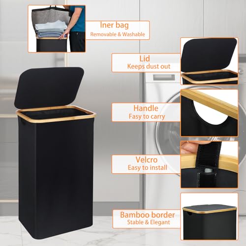 Panier à Linge avec couvercle 100 L, Doublure amovible, Panier à Linge Pliable avec Poignées en Bambou et sac Amovible pour dortoirs, buanderies, chambres à coucher (Noir) – vue 5