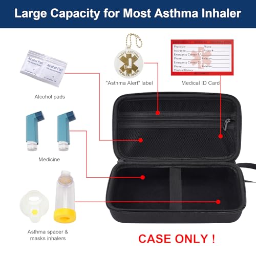 Image of MGZNMTY Travel Carrying Case Compatible with Asthma Inhaler Spacer for Adults and Children, Masks, Inhaler Holder with Asthma Alert Tag and Medical Card, Carabiner (Only Case) (Black)
